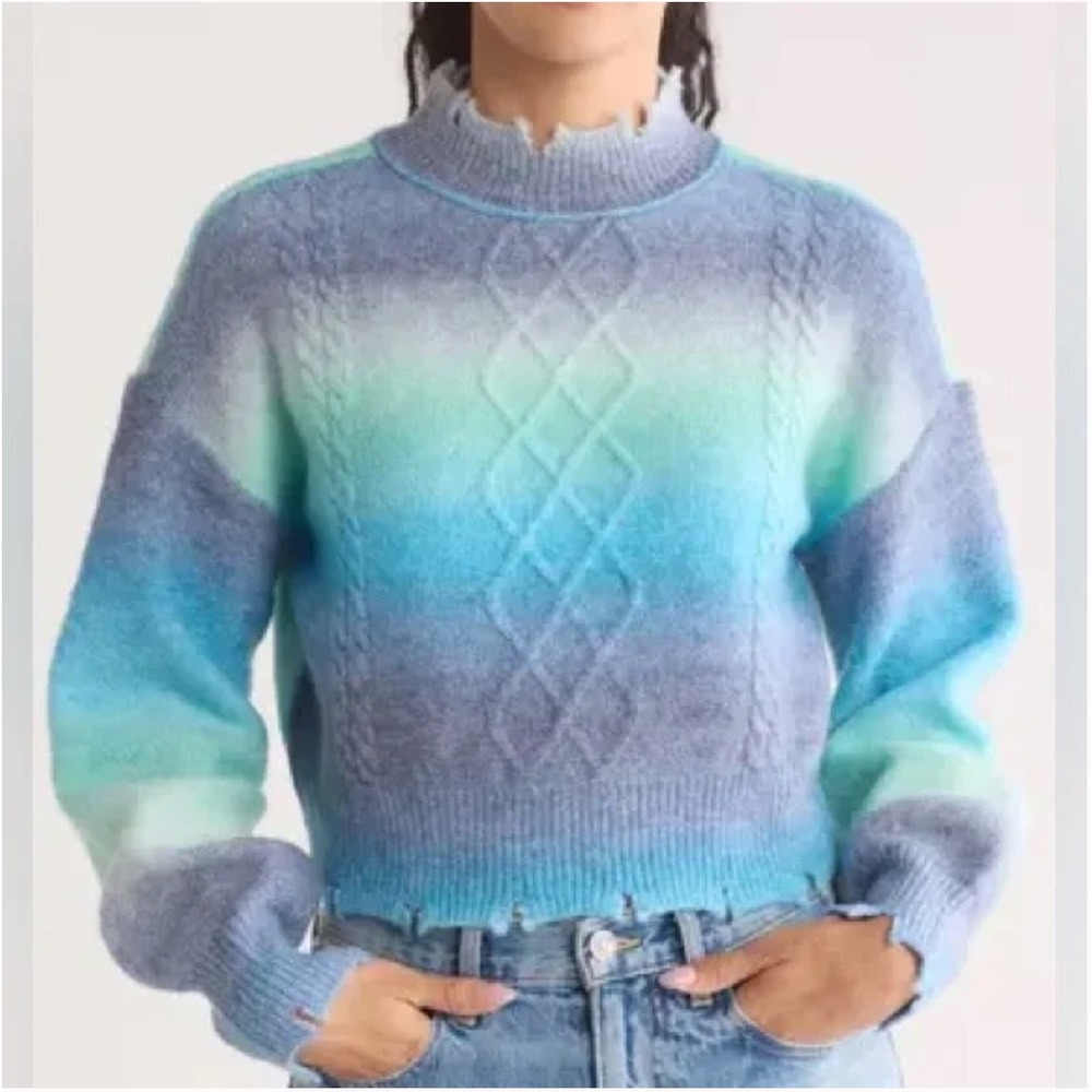 NYC Knits Sweater XL Blue Green Ombre Cable Knit Cropped Distressed Pullover